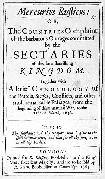 Voorpagina van Mercurius Rusticus, gepubliceerd in 1685 door English School