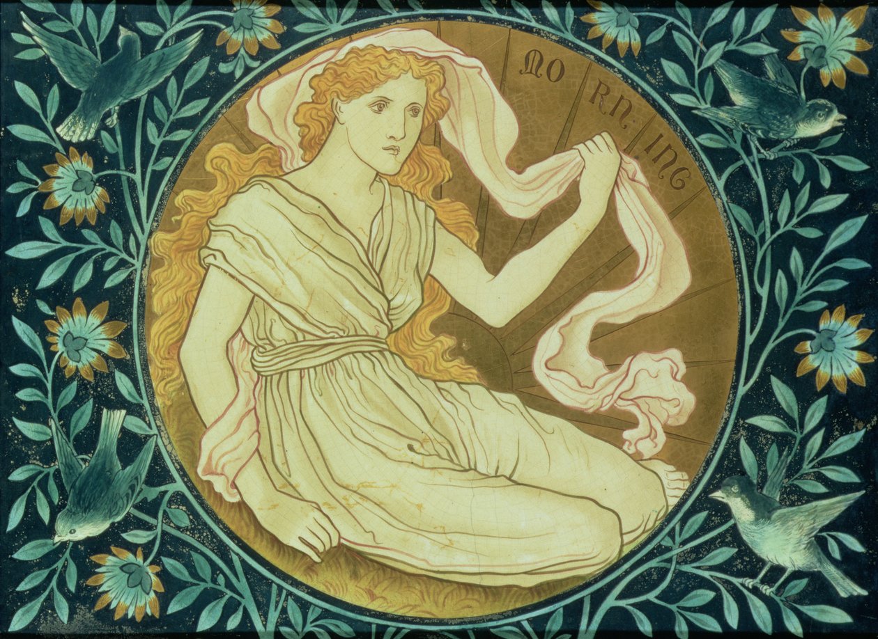 Ochtend, paneel versierd met een allegorisch figuur dat de opkomende zon voorstelt, vervaardigd door Shrigley & Hunt, 1876 door English School