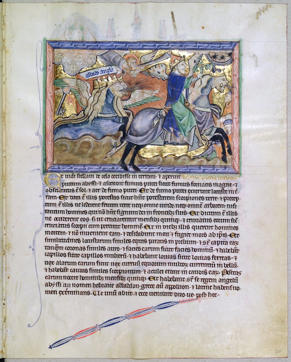 Ms L.A. 139-Lisboa fol.20 Exterminans, de koning van de sprinkhanen, stijgt op uit de put, uit de Gulbenkian Apocalyps, ca. 1265-70 door English School