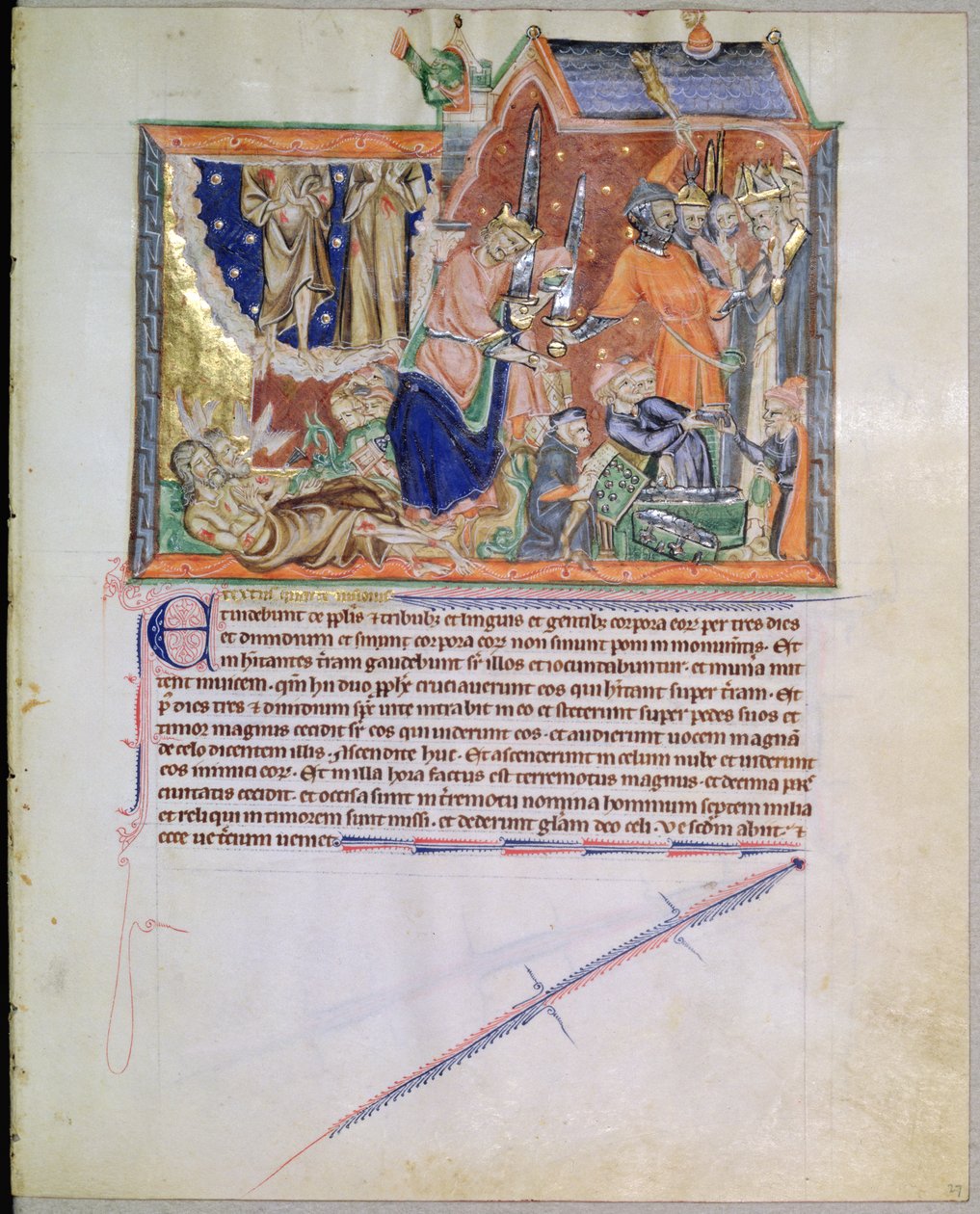 Ms L.A. 139-Lisboa fol.27 De getuigen worden onbegraven achtergelaten en hun zielen stijgen op naar de hemel, uit de Gulbenkian Apocalyps, ca. 1265-70 door English School