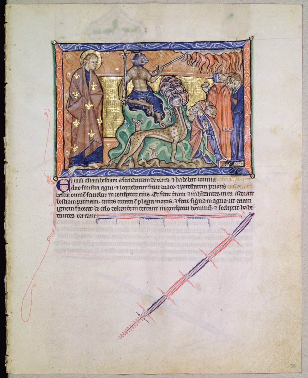 Ms L.A. 139-Lisboa fol.38 St. Johannes de Evangelist kijkt toe hoe het beest vuur uit de hemel naar de aarde brengt, uit de Gulbenkian Apocalyps, ca. 1265-70 door English School