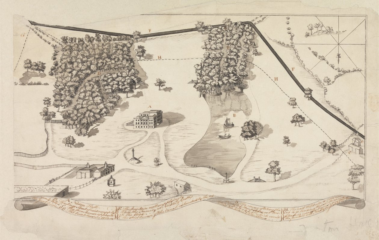 Plan van het Park bij Norton Hall, Norton Priory, c.1750-60 door English School