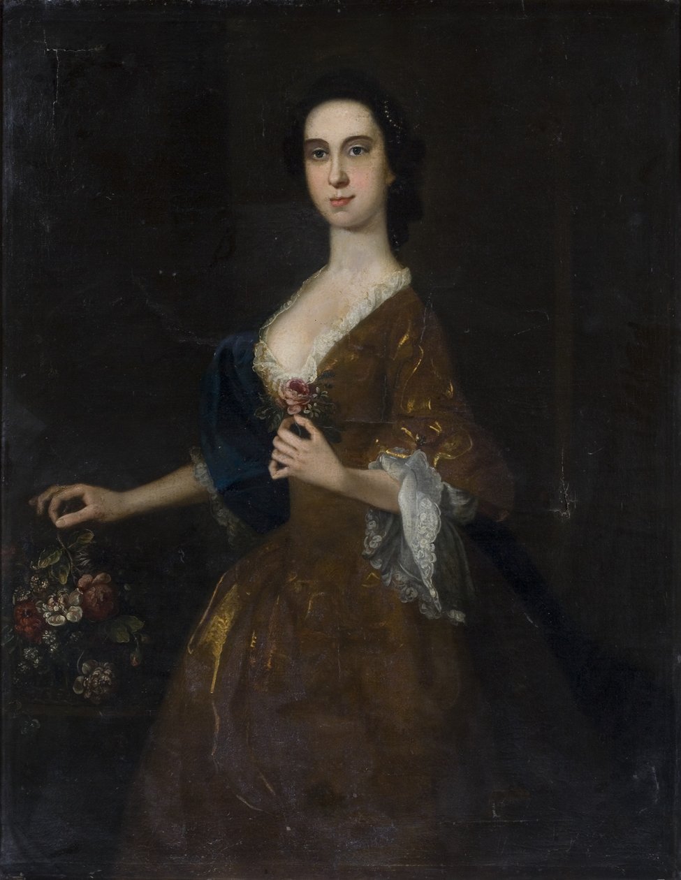 Portret van een dame in rode jurk door English School