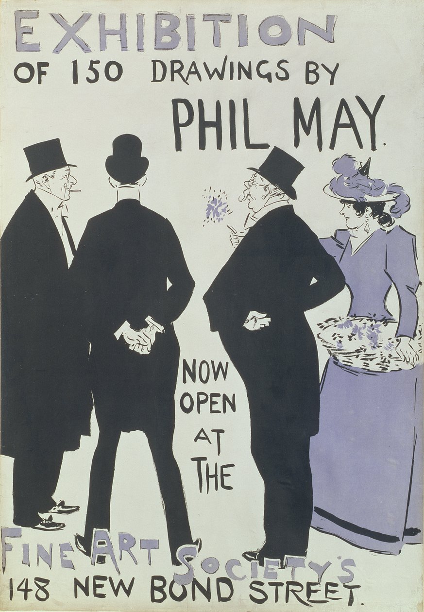 Poster voor een tentoonstelling van 150 tekeningen door Phil May bij de Fine Art Society, New Bond Street door English School