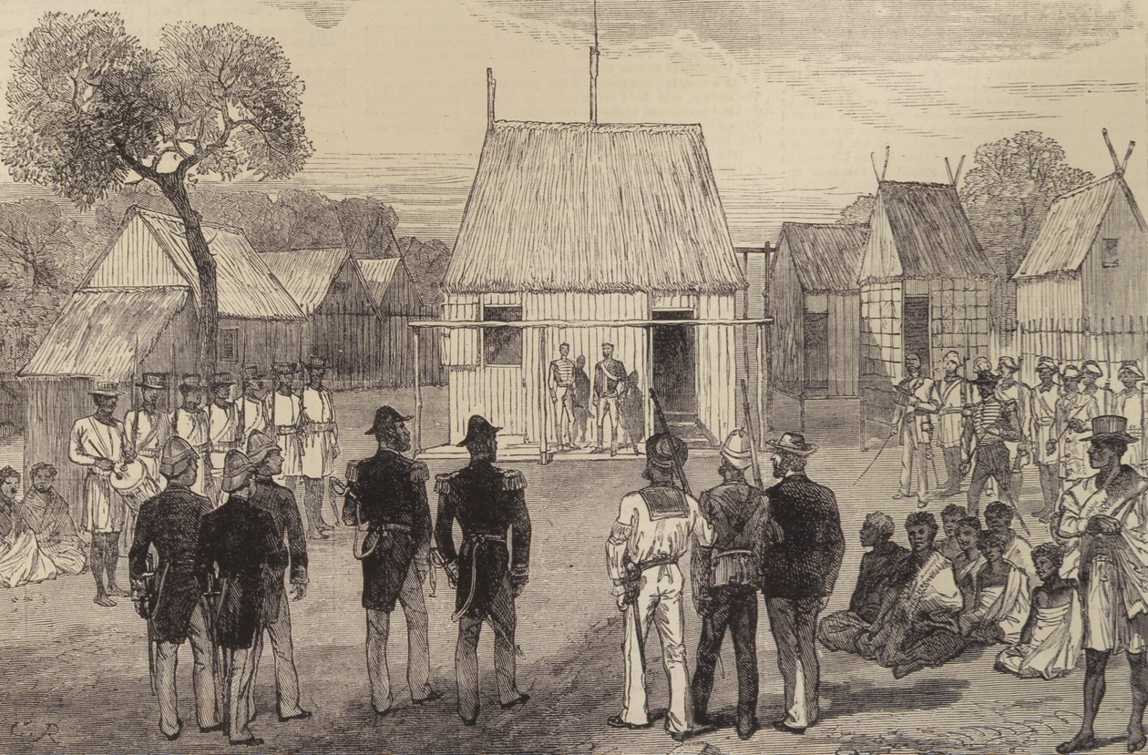 Ontvangst van Britse Marineofficieren door de Inheemse Gouverneur van Mohabo, Madagaskar, uit The Illustrated London News, 26 november 1881 door English School