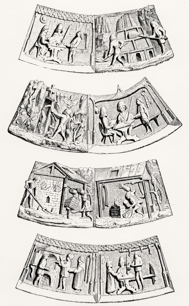 De Gieterij van Edelmetalen, stukken in de ceremoniële kraag van het Senior Lid van de Goudsmeden van Gent, illustratie uit Wetenschap en Literatuur in de Middeleeuwen en de Renaissance, geschreven en gegraveerd door Paul Lacroix, 1878 door English School