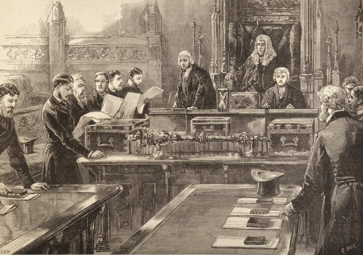 De Opening van het Parlement: Leden Leggen de Eed Af, gegraveerd door R. Taylor, uit The Illustrated London News, 23 januari 1886 door English School