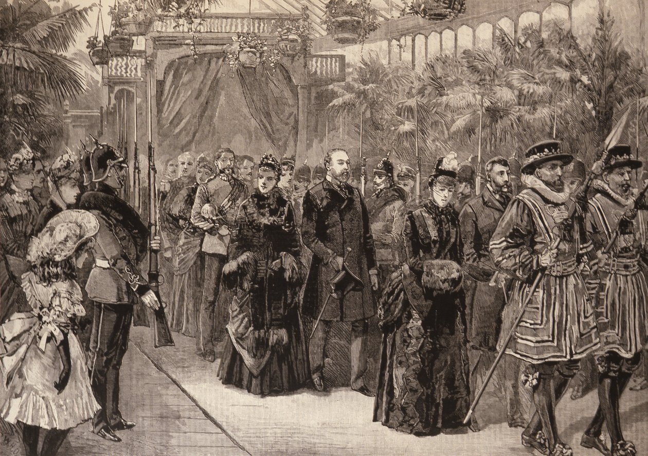 De Prins en Prinses van Wales in Manchester: Processie in het Tentoonstellingsgebouw, uit The Illustrated London News, 14 mei 1887 door English School