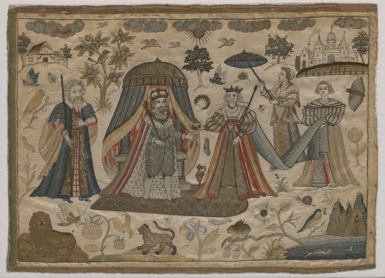 De ontmoeting van koning Salomo en de koningin van Sheba, ca. 1650 (zijdeborduurwerk) door English School