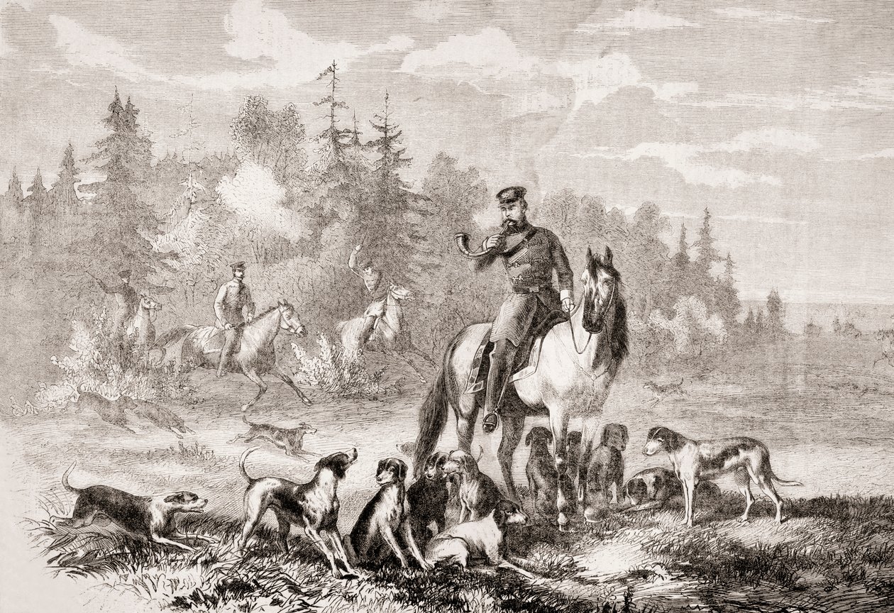 Alexander II die op wolven jaagt nabij Sint-Petersburg, uit L
