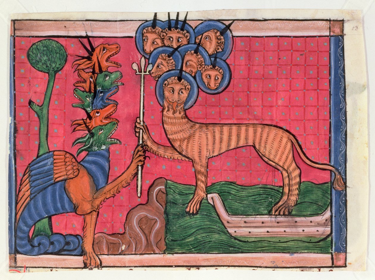 Apocalyps Miniaturen: De Draak die Oorlog Voert en Het Beest van de Zee, c.1295 door French School