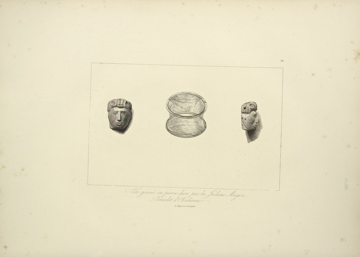 Gegraveerd hoofd van hard steen van de Muycas-indianen, obsidiaan armband, illustratie uit Vues des Cordillères et Monumens des Peuples Indigènes de l