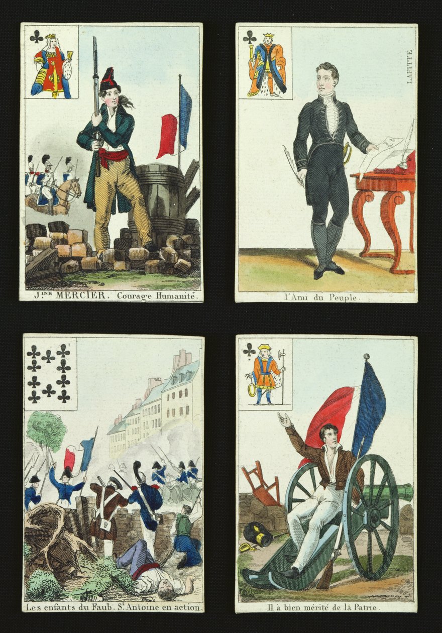 Vier speelkaarten ter herdenking van de helden van juli 1830, 1831 door French School