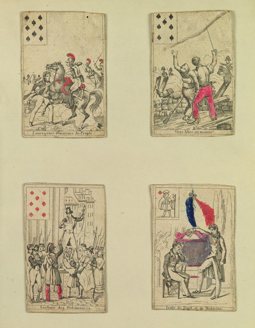 Vier speelkaarten ter herdenking van de helden van juli 1830, 1831 door French School