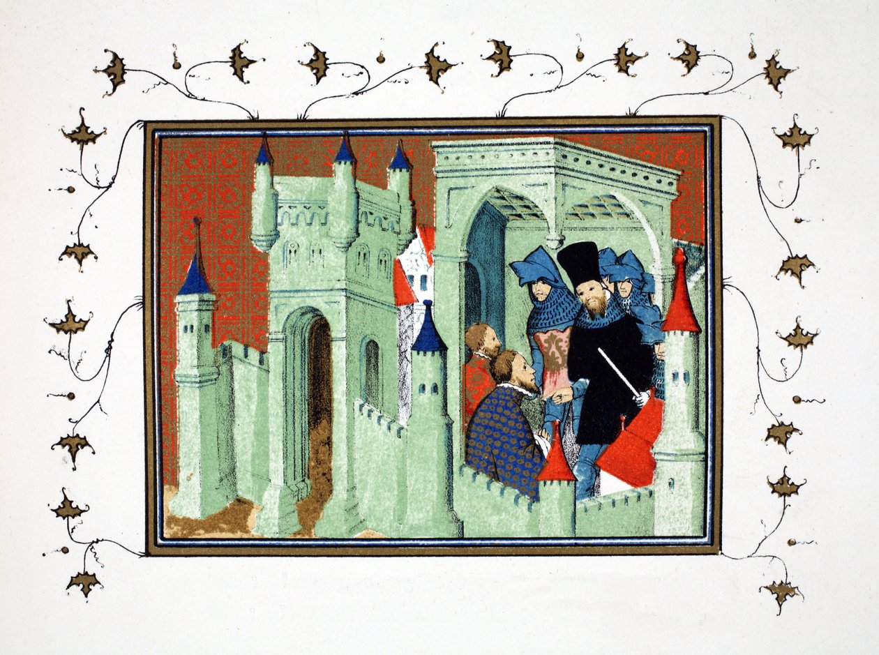 Interieur van Chester Castle wanneer de hertogen van Exeter en Surrey de boodschap van de koning aan de hertog van Lancaster overbrengen, facsimile kopie uit Le Prinse et Mort du Roy Richart door Jean Creton, herdrukt 19e eeuw door French School