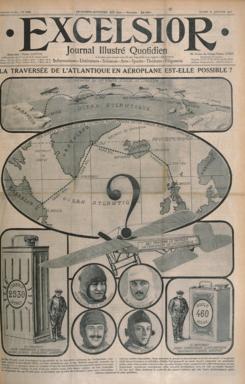 Is de Oversteek van de Atlantische Oceaan per Vliegtuig Mogelijk?, omslag van Excelsior magazine, 26 oktober 1914 door French School