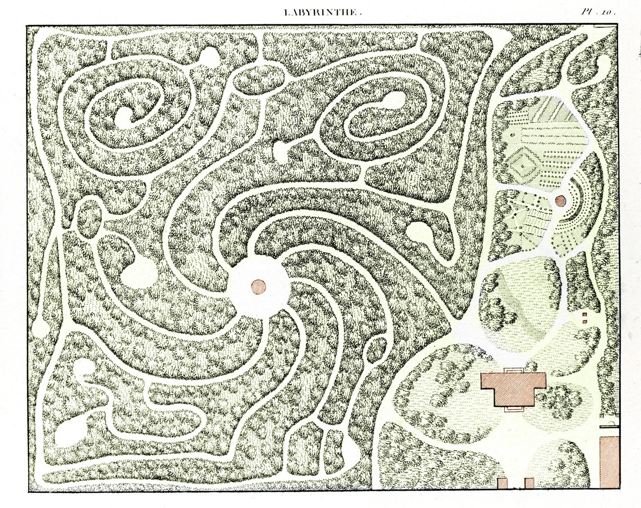 Labyrintproject uit Essay on the composition and ornament of gardens door M. Boitard, Parijs 1823 (handgekleurde gravure) door French School