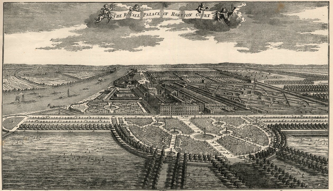 Kaart van het Koninklijk domein van Hampton Court, met de lanen in het park zoals aangelegd door Willem III. door French School