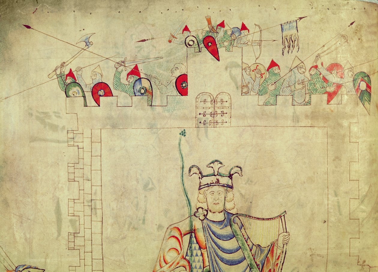 Ms 1215 t.3 fol.13v Koning David Gezeten in Majesteit in het Centrum van Jeruzalem, detail van soldaten op de wallen, uit de Bijbel van St. Etienne Harding door French School