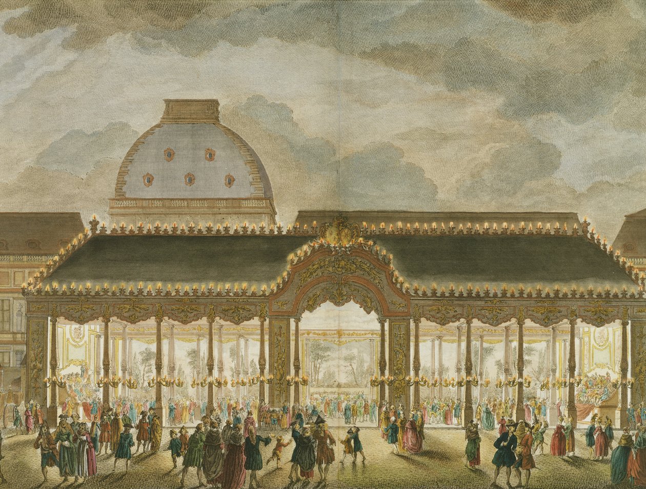 Perspectiefweergave van de Carouselkamer, gebouwd voor de gelegenheid van het huwelijk van Monseigneur Le Dauphin (detail), gegraveerd door Oubrier (kleurgravure) door French School
