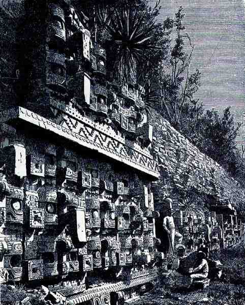 Ruïnes van het eerste paleis van Kabah, uit De oude steden van de Nieuwe Wereld, door Claude-Joseph-Desire Charnay, uitgegeven 1887 door French School