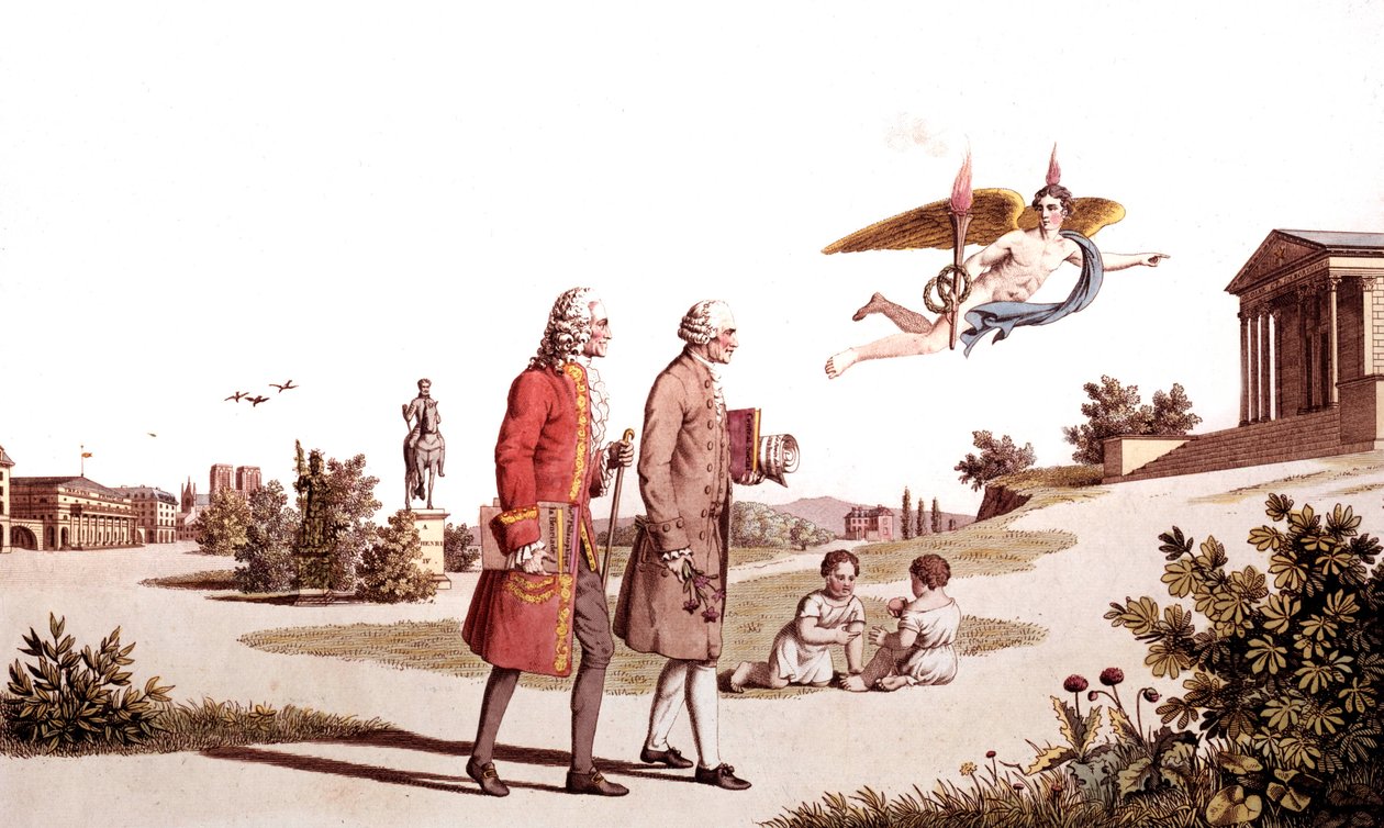 De Geest van Voltaire en Jean Jacques Rousseau leidt hen naar de Tempel van Onsterfelijkheid, illustratie uit Een Allegorie van de Werken van Franse Filosofen door French School