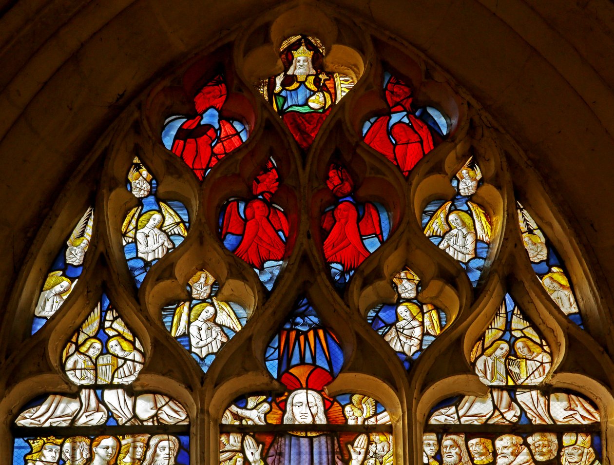 Raam met afbeelding van God, Engelen en boven de Wederkomst van Christus door French School