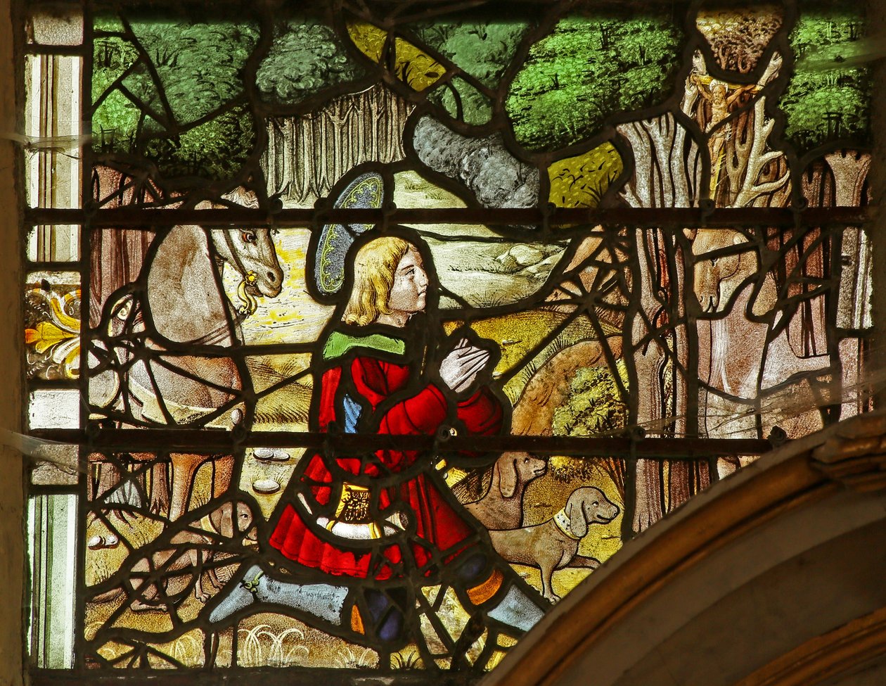 Raam met Sint Eustache die een visioen van Christus heeft tussen de Geweien van het Hert door French School