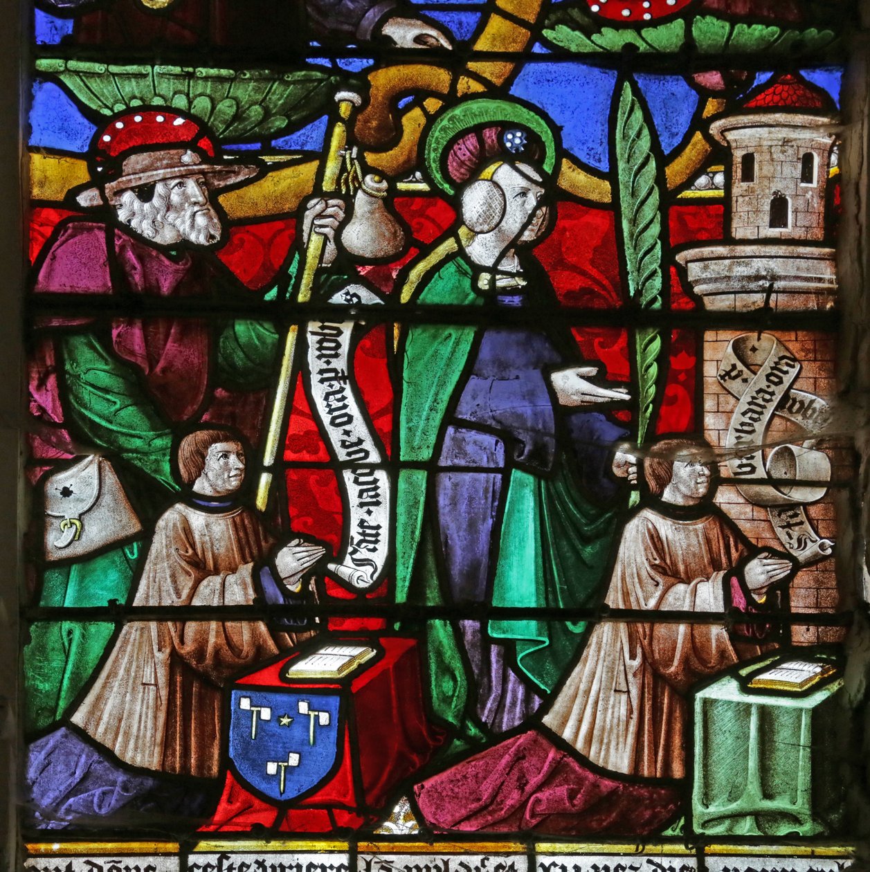 Raam met afbeelding van de Boom van Jesse: Jacques Prénel en Barbe Laurendel met Sint-Jacobus en Sint-Barbara door French School