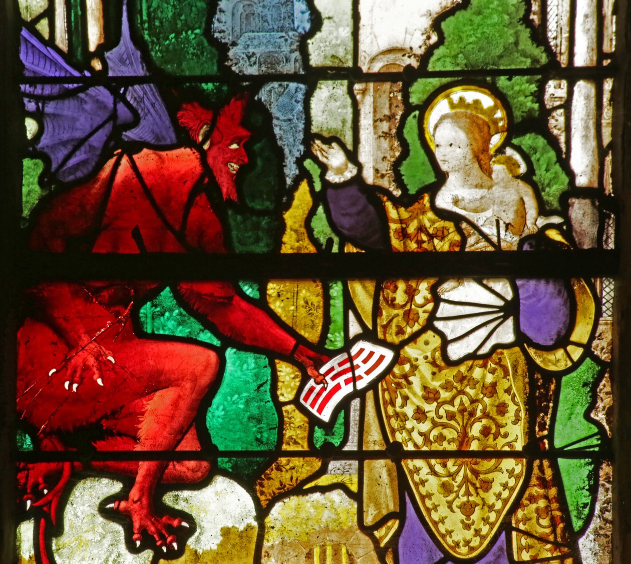 Raam met de Maagd Maria die het pact van Theophilus terugkrijgt van de duivel door French School