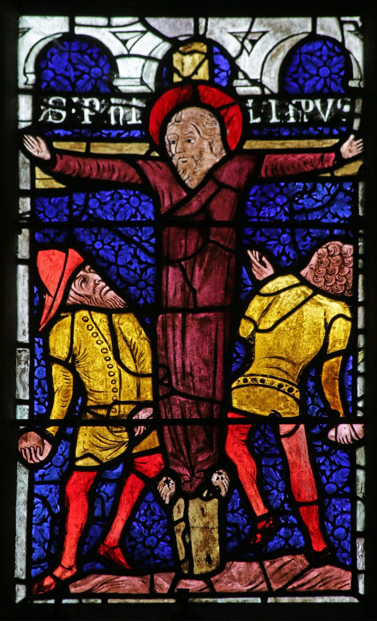 Raam met de steniging van Sint Filippus aan een kruis door French School