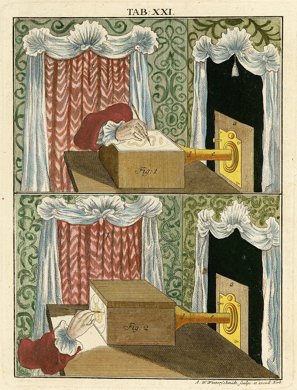 Tekening van een vergroot beeld met een optische microscoop, 1768 door German School