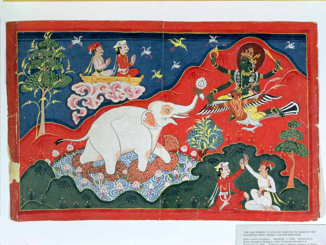 De God Vishnu Vliegend op Garuda om de Olifantenkoning te Redden van een Watermonster, Nepalees, c.1825 door Indian School