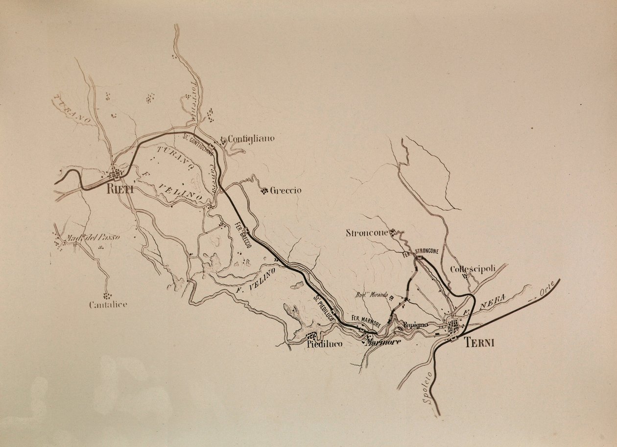 Societa Italiana voor de zuidelijke spoorlijnen: kaart van de Terni-Rieti spoorlijn, 1883 door Italian School