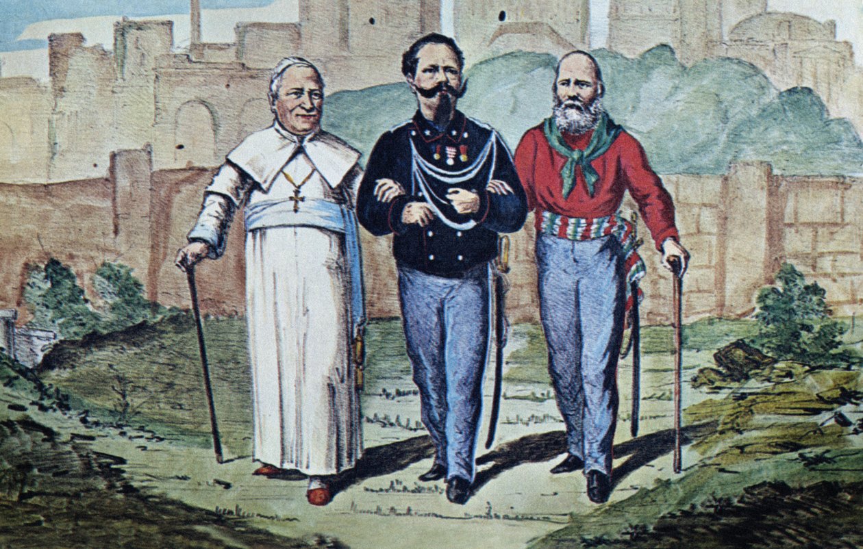 De Perfecte Drie-eenheid: Paus Pius IX, Victor Emmanuel II en Garibaldi door Italian School