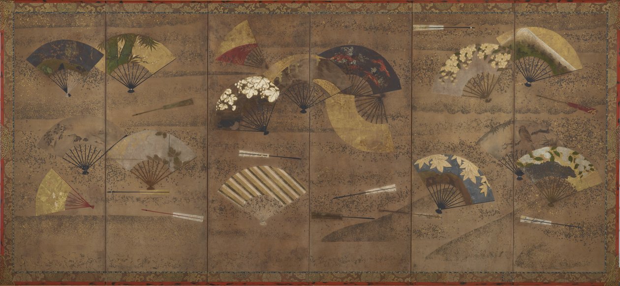 Versierde Waaiers, Schermen (zes-panel), begin 17e eeuw door Japanese School