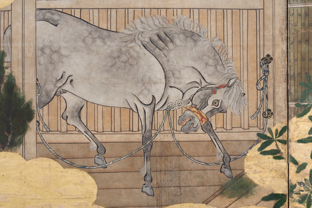 Detail van Lente in het Paleis, zesdelig scherm uit Het Verhaal van Genji, c.1650 (inkt, kleuren & goud op papier) door Japanese School