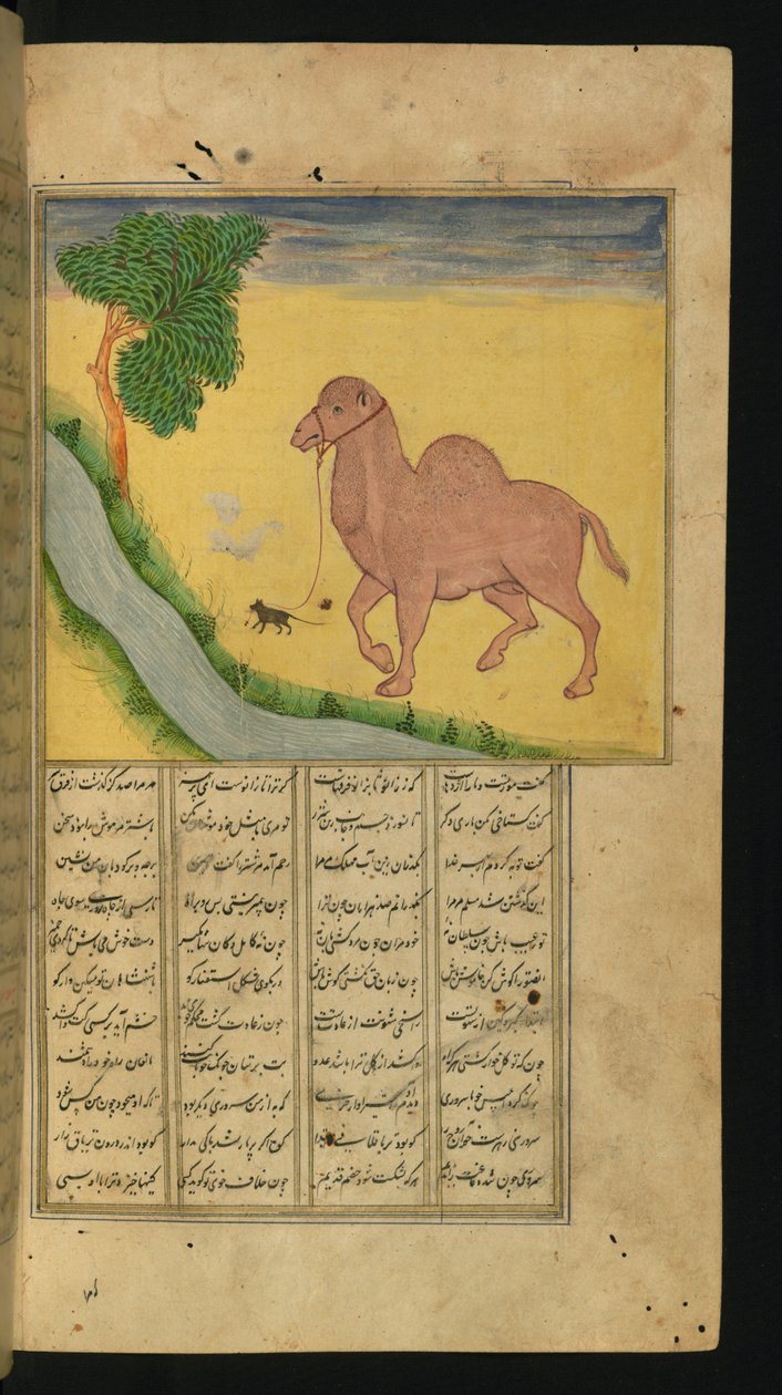 Een Muis, die de Teugels van een Kameel Vasthoudt, bij een Waterstroom, illustratie uit Een Verzameling Gedichten, door Jalal al-Din Rumi, 1663 door Persian School
