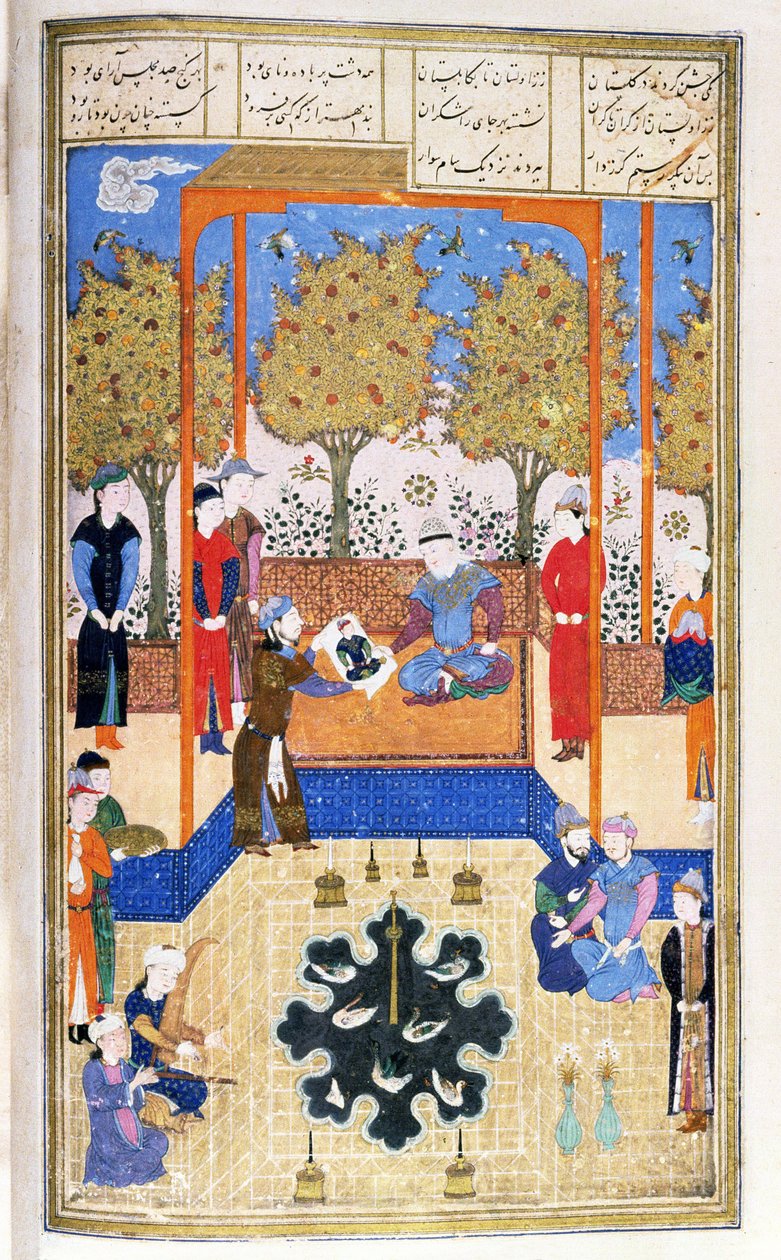 Portret van het Kind, Rustam Getoond aan Zijn Grootvader Sam, illustratie uit de Shahnama (Boek der Koningen) door Abul-Qasim Manur Firdawsi, ca. 1440-45 door Persian School