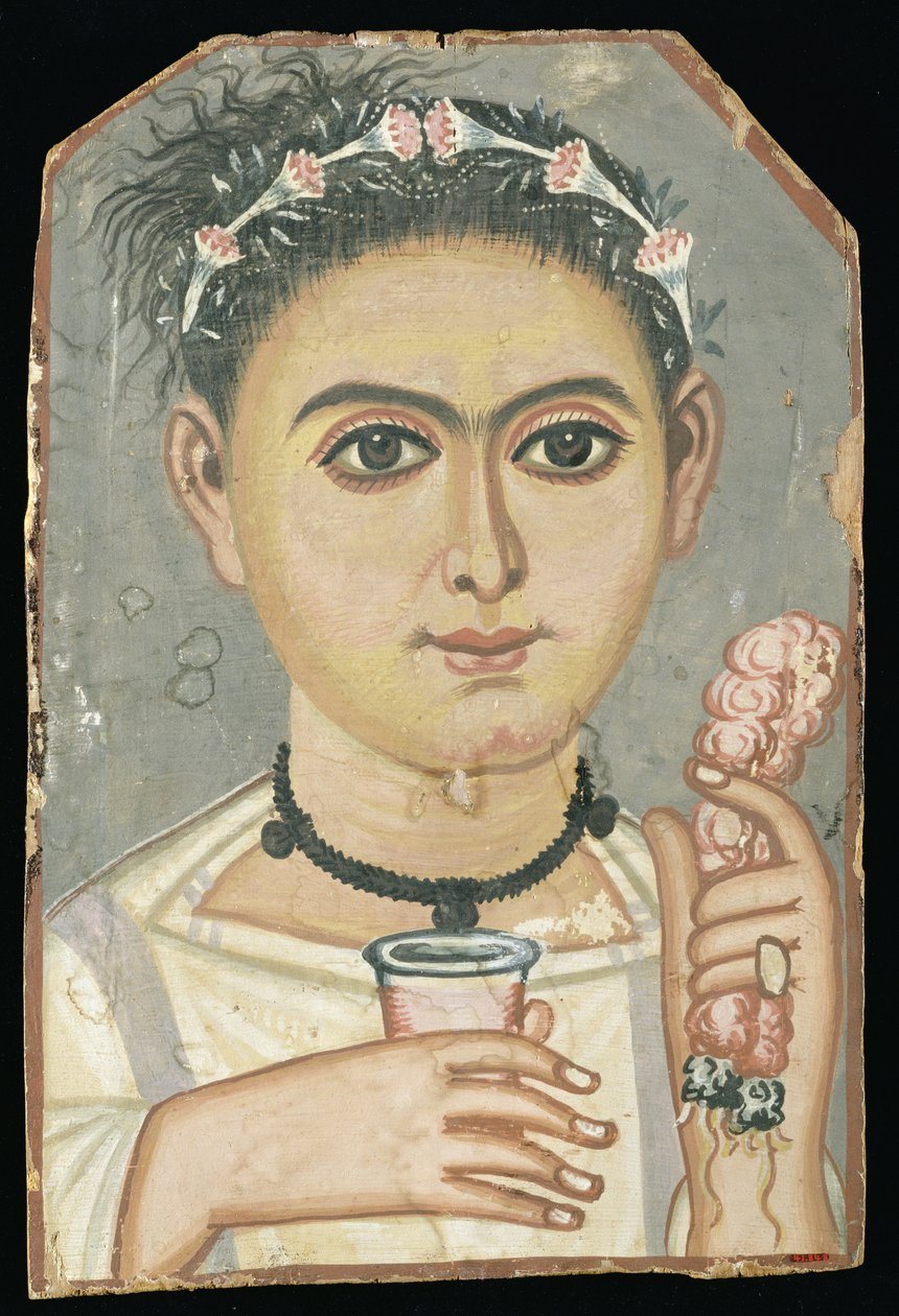 Portret van een jong persoon: jongen met een bloemenkrans in zijn haar, mogelijk uit Er-Rubiyat, Faiyum, Egypte, c.200-230 door Roman