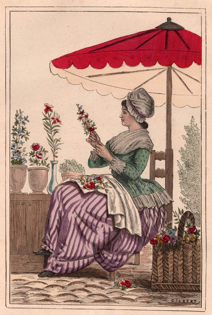 Een bloemenmeisje, zittend onder een paraplu, boeketten rode bloemen makend door Unknown