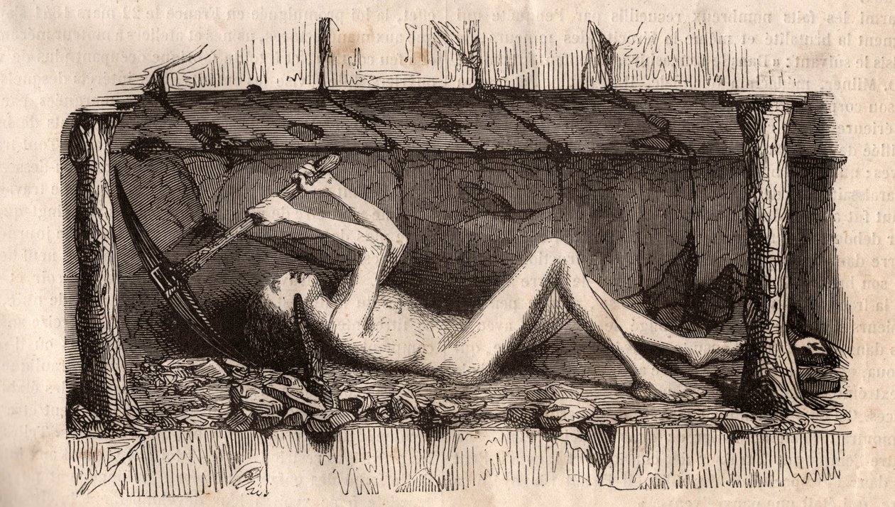 Een jonge man, liggend op de grond en het plafond van een tunnel in een Engelse kolenmijn aan het pikken (gravure) door Unknown