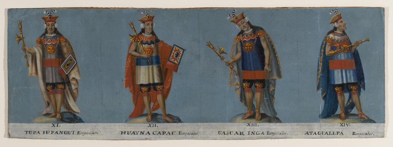 Vier Inca-koningen: Tupac Yupanqui, Huayna Capac, Huascar Inca, Atahuallpa, begin 19e eeuw door Unknown