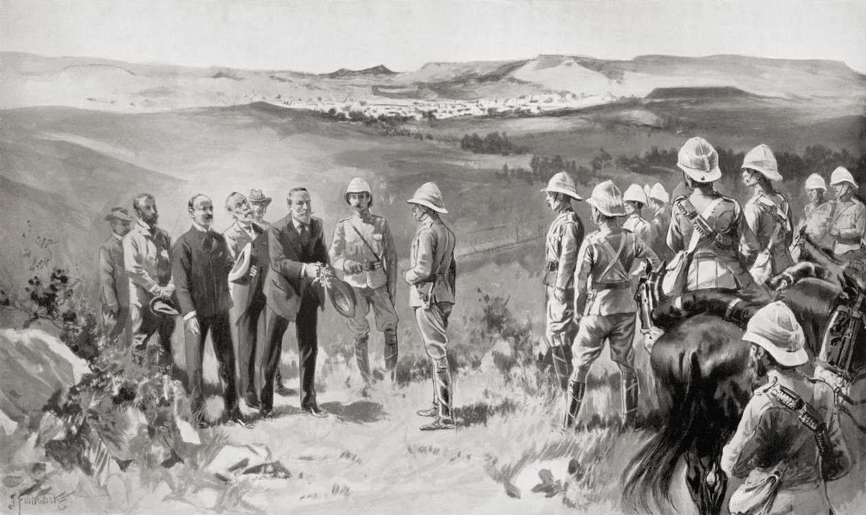 De formele overgave van Bloemfontein aan Lord Roberts door de heren Pappenfus, Kellner en Collins op 14 maart 1900, uit het boek Zuid-Afrika en de Transvaalse Oorlog door Louis Creswicke, uitgegeven 1900 door Unknown