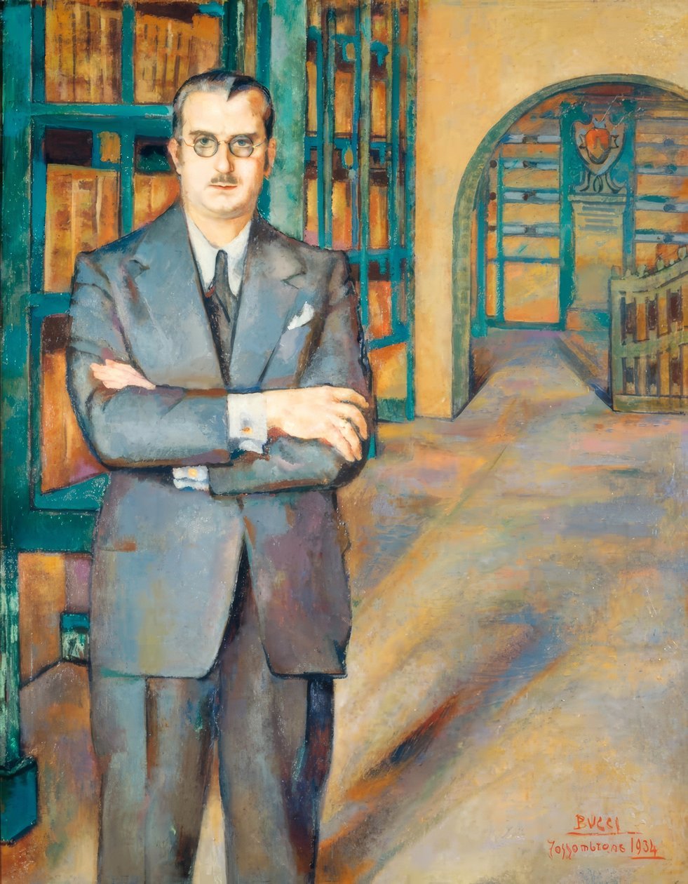 Portret van de notaris in een pak met jasje, stropdas en bril, in zijn bibliotheek met planken vol boeken door Löscher and Petsch