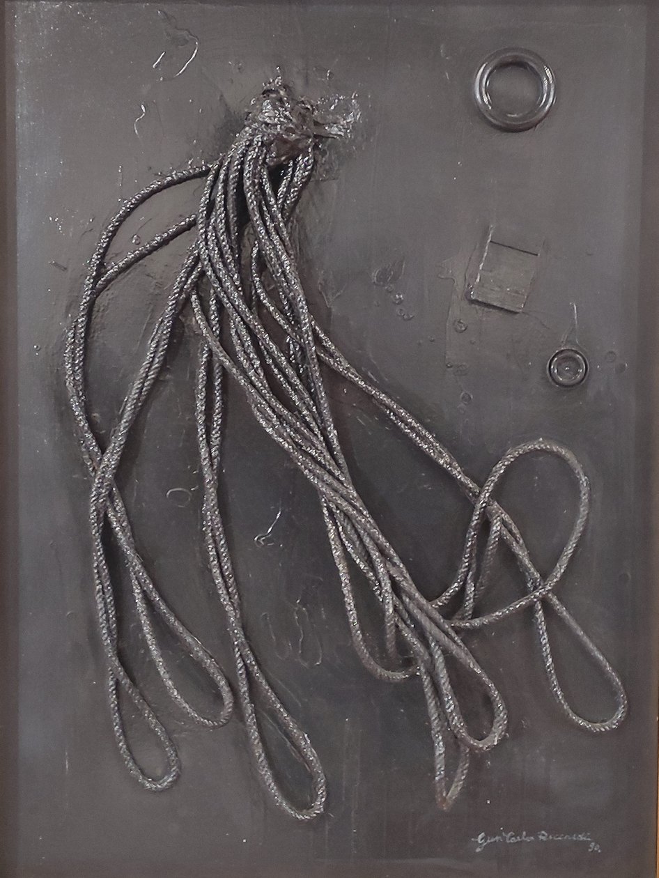 G. C. Riccardi, Combustione n. 3, 1990, Gemengde media op doek, 60x80, Arpino, Stichting Umberto Mastroianni, Italië. door Gian Carlo Riccardi