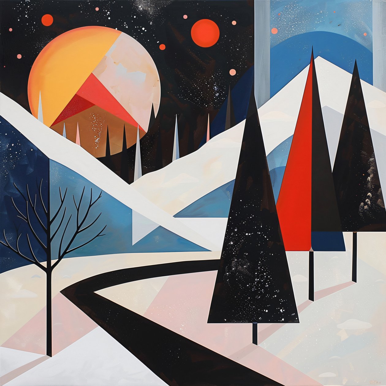 Geometrische vorm met abstracte Bomen & Winterlandschap voor woonkamer decor door F. Abderrahim
