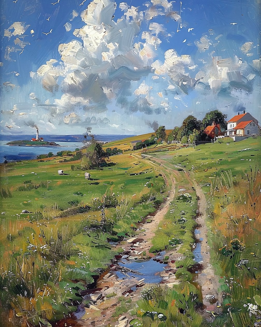 Panoramisch lentelandschap in landelijk Frankrijk, wanddecoratie voor kamer door F. Abderrahim