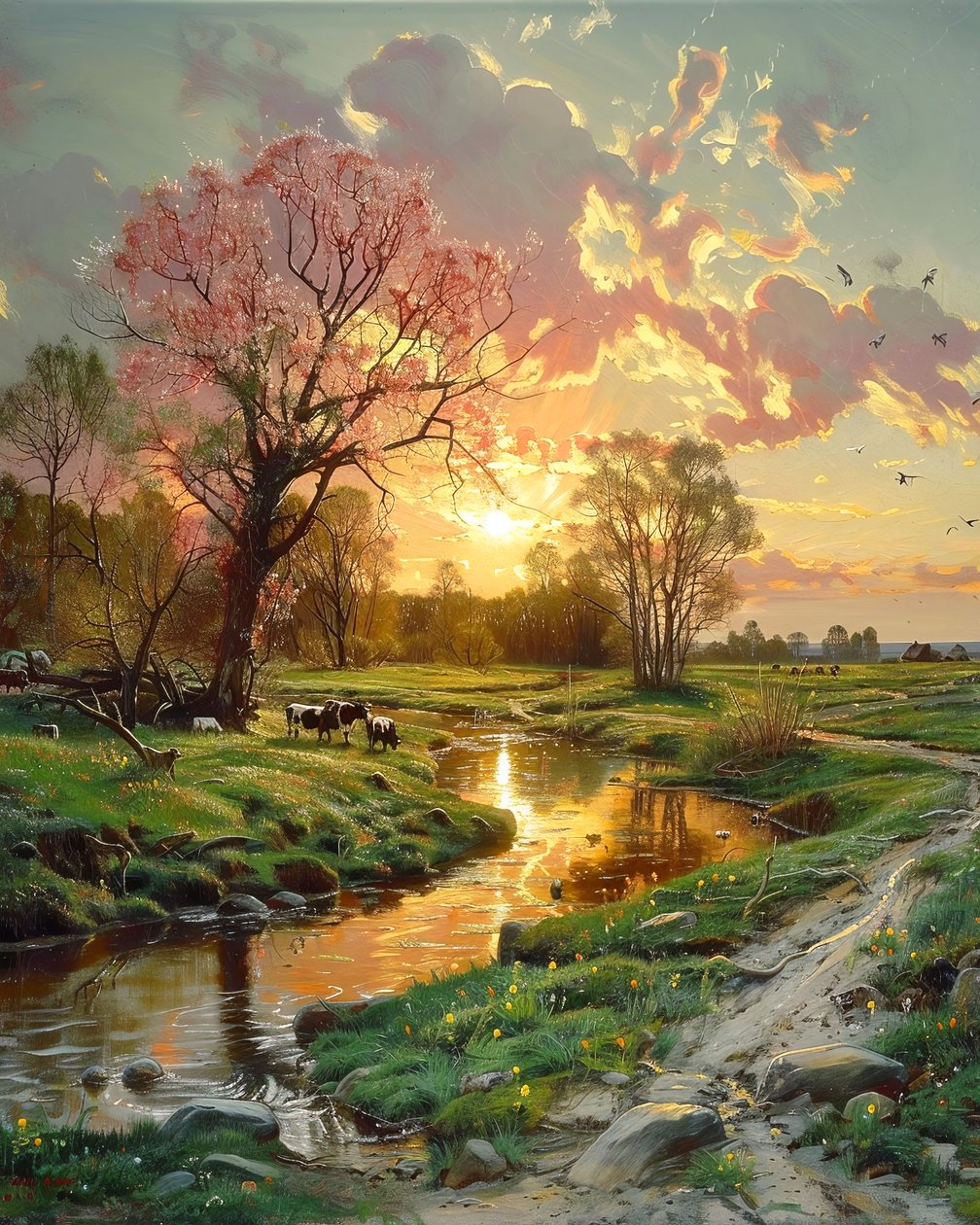 Mooi landschap bij zonsondergang, Canvas voor wanddecoratie Modern landschap door F. Abderrahim