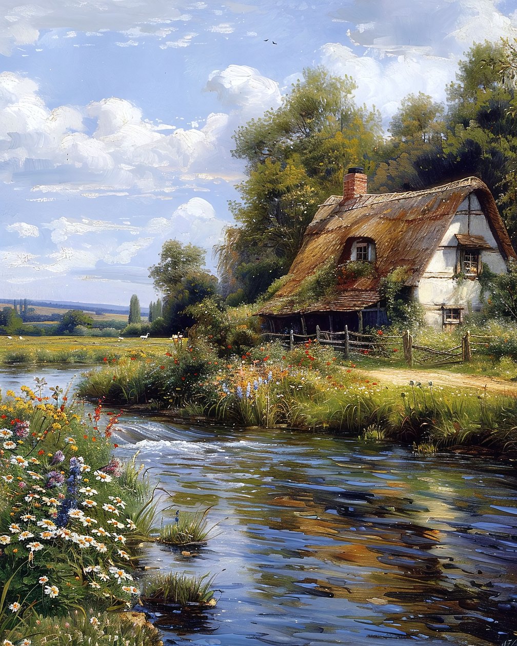 Huis op het platteland aan een rivier, landschap online Muurdecor te koop door F. Abderrahim